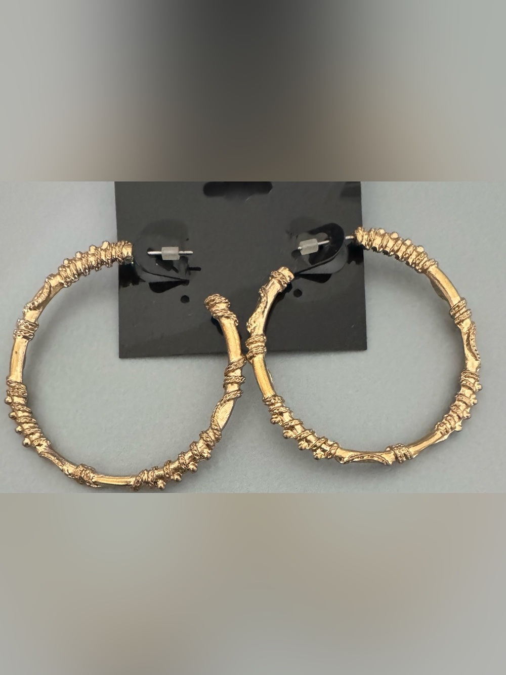 Gold Textured Bamboo Hoop Earrings - Women Jewelry